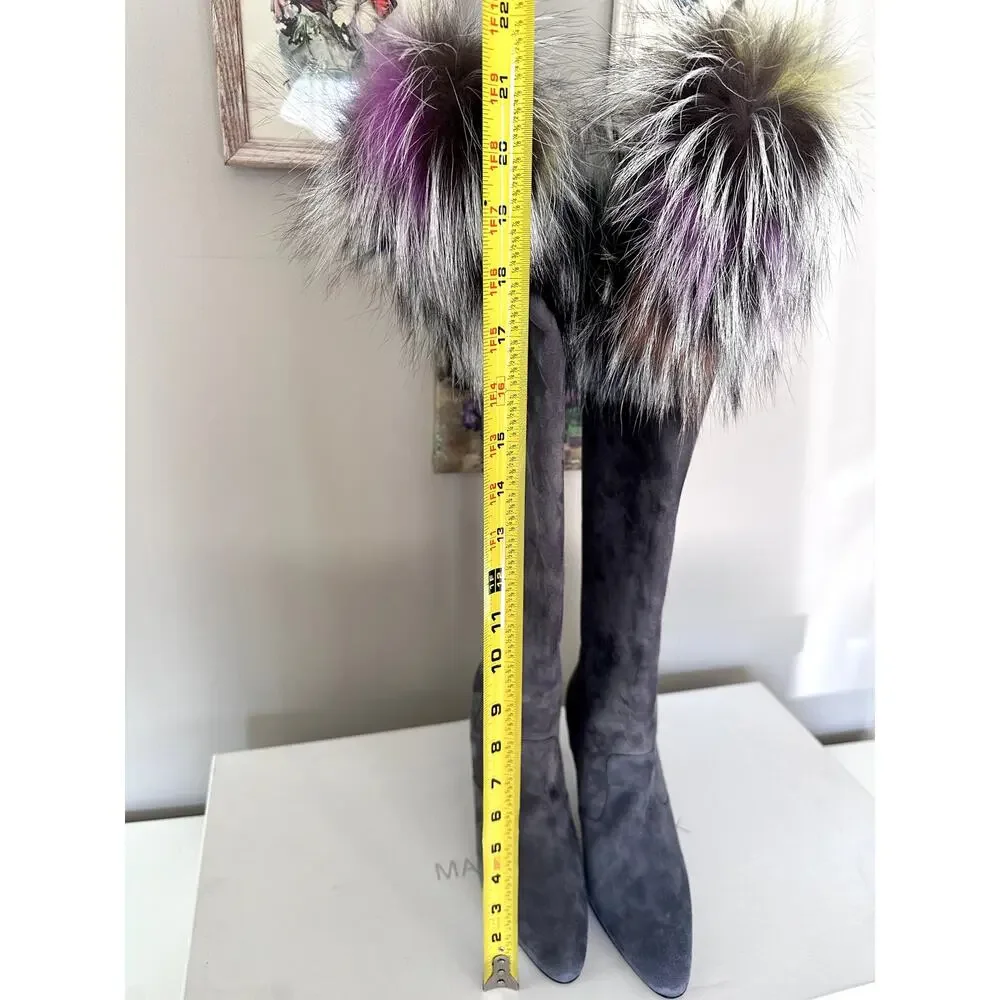 $1995 Manolo Blahnik Likanskim Boots Fur Suede Tall Womens Shoes Size 37.5 New